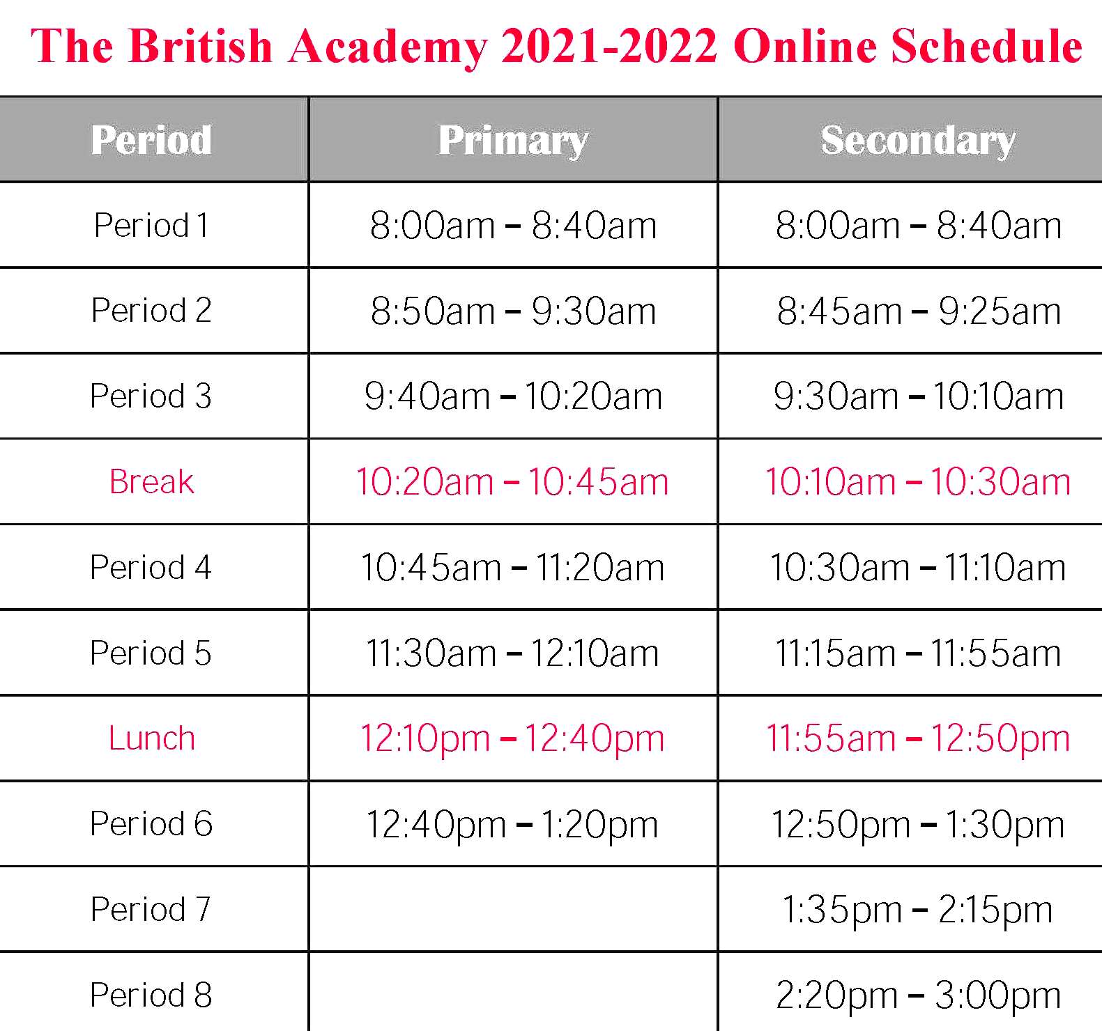 School Online Schedule 2021 2022 